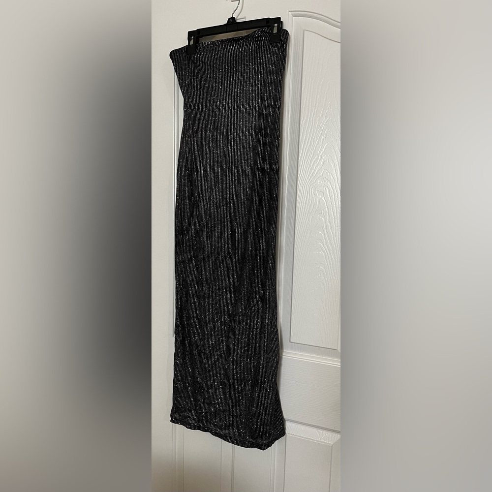 Elegant looking, long black diamond dress.